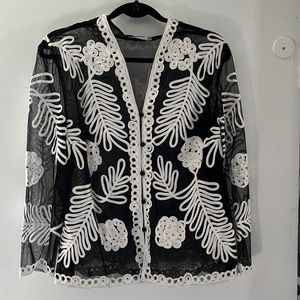 Sheer with white design button up shirt. Size 16. JS Collections.